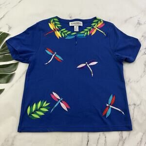 Victoria Harbour Womens Vintage 90s Dragonfly Top Size M Blue Green Beaded Tee
